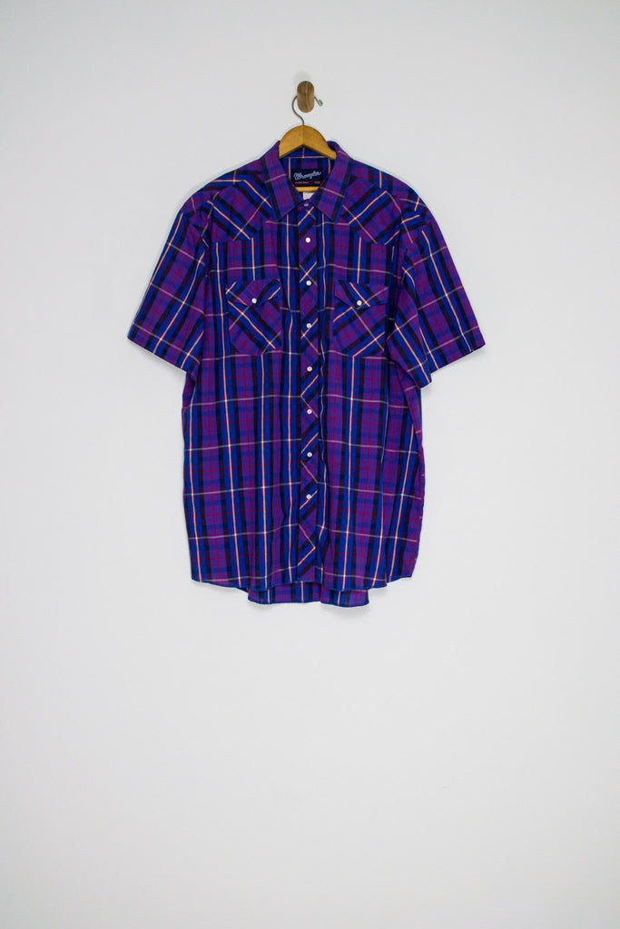 70's PURPLE WRANGLER PLAID BUTTON UP / EXTRA LARGE