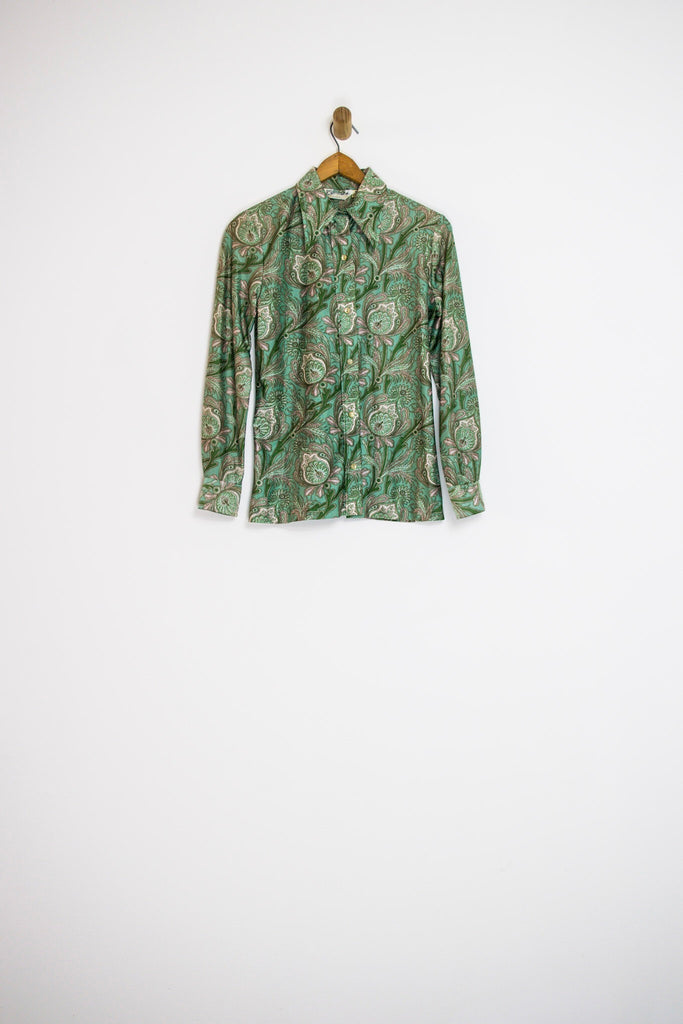 1970’s GREEN PAISLEY BUTTON UP / SMALL