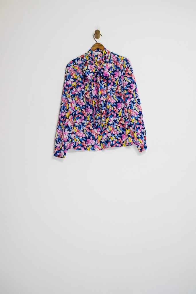 70’s FLORAL PUSSY BOW BLOUSE / MEDIUM