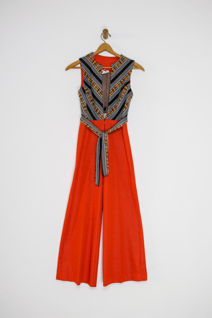 70’s DEEP V EMBROIDERED JUMPSUIT / SMALL