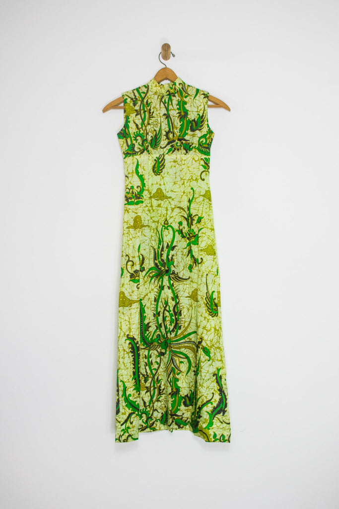 60's GREEN PRINTED MAXI WITH GOLD VEINS / SMALL